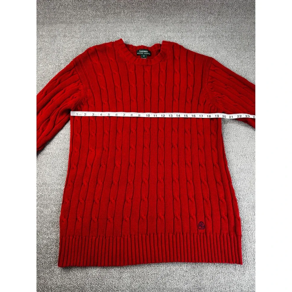 Lauren Ralph Lauren Sweater Mens Medium Red Cable Knit Cotton Crew Neck RLL Logo